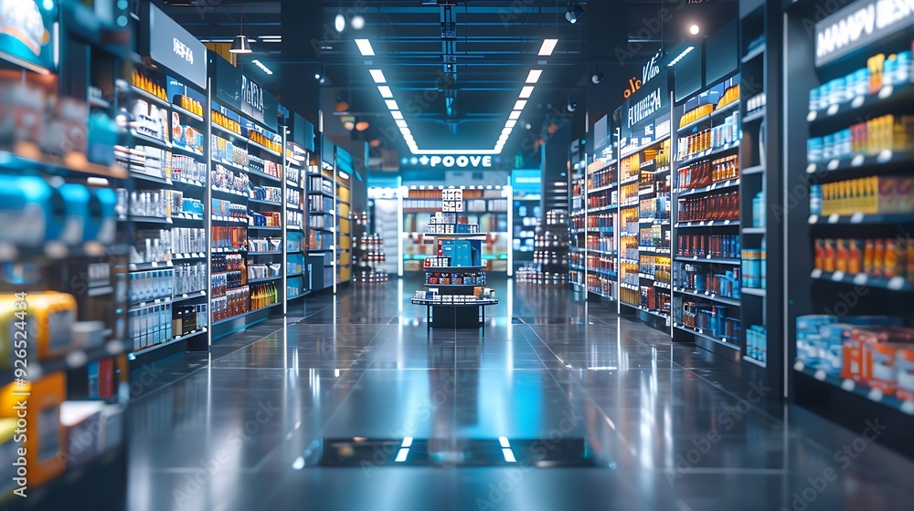 An AI-powered retail store with smart shelves and inventory management, showcasing real-time product data and personalized shopping suggestions. Created Using: high-tech retail design, An AI-powered retail store with smart shelves and inventory management, showcasing real-time product data and personalized shopping suggestions. Created Using: high-tech retail design,