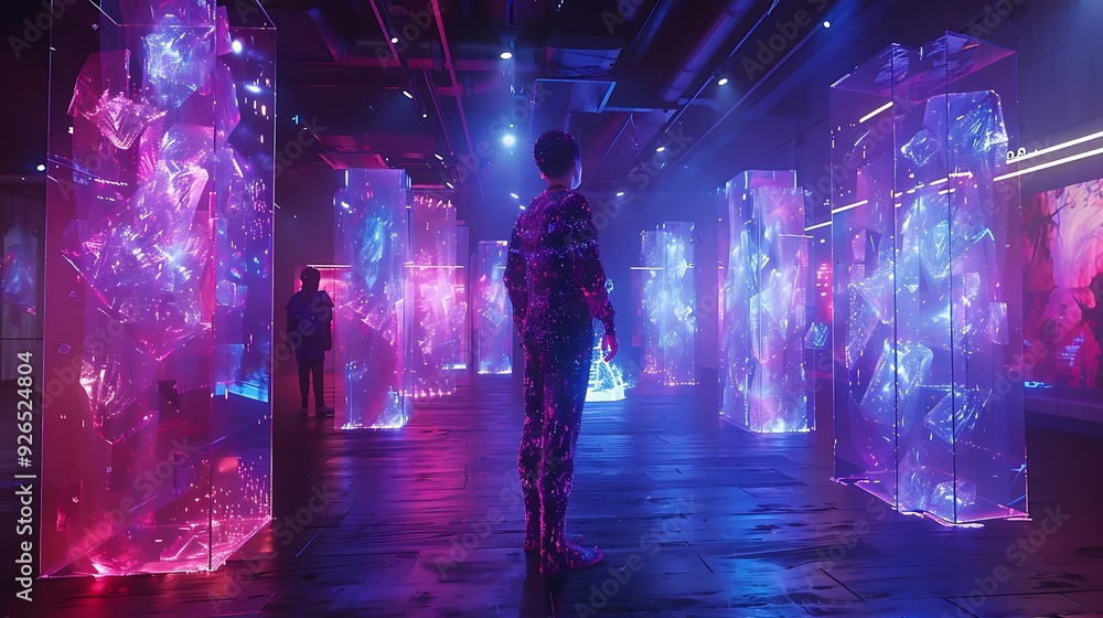 An AI-powered VR art studio where users create and manipulate virtual sculptures, with interactive holographic tools and vibrant, dynamic lighting. Created Using: advanced VR technology, An AI-powered VR art studio where users create and manipulate virtual sculptures, with interactive holographic tools and vibrant, dynamic lighting. Created Using: advanced VR technology,