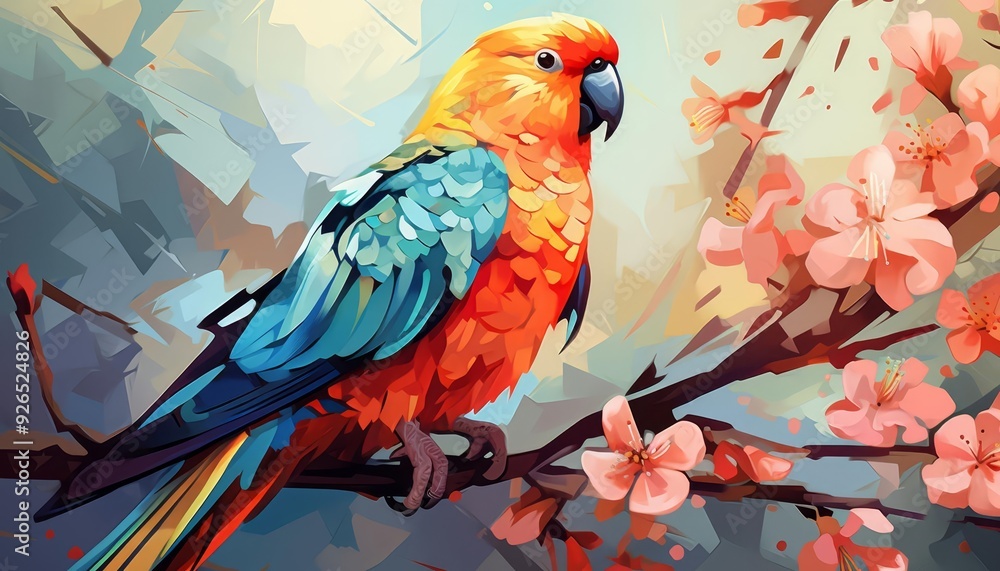 Fototapeta premium A parakeet chirping melodiously flat design top view garden theme water color Triadic Color Scheme