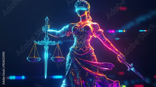 Wallpaper Mural A digital rendering of the Lady Justice statue, rendered in vibrant neon colors with a dark background.  She holds the scales of justice and a sword. Torontodigital.ca