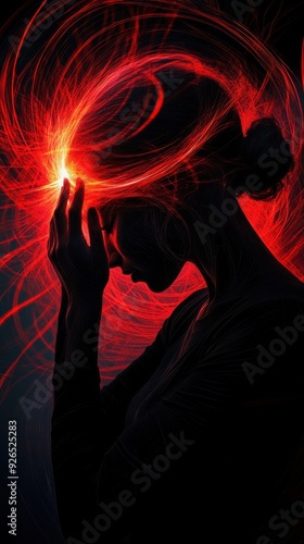 Abstract Silhouette with Red Neural Energy Highlighting Intense Focus and Mind Power