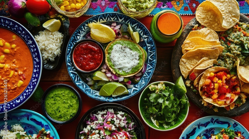 Top view of a Mexican taco spread, with vibrant side dishes and sauces, highlighting the diverse and colorful aspects of the cuisine Top view of a Mexican taco spread, with vibrant side dishes and sauces, highlighting the diverse and colorful aspects of the cuisine