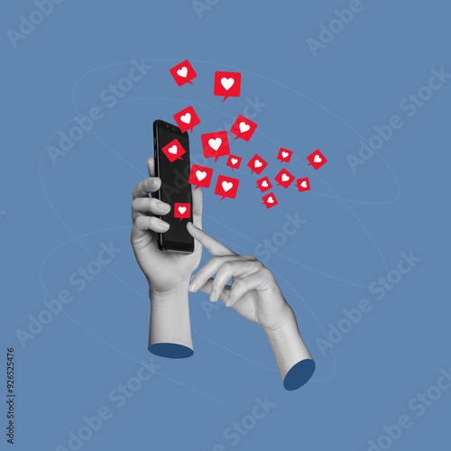 Antique statue's hand pointing to like symbol of social media on a mobile phone with black screen on a blue color background. 3d trendy creative collage. Contemporary art. Modern design photo