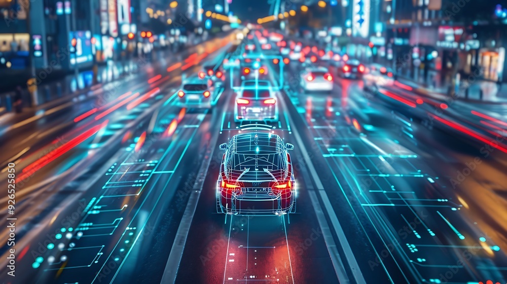 Self-driving cars navigating through a bustling city, with sensor data overlays showing their decision-making processes. Created Using: futuristic vehicle design, urban environment, Self-driving cars navigating through a bustling city, with sensor data overlays showing their decision-making processes. Created Using: futuristic vehicle design, urban environment,