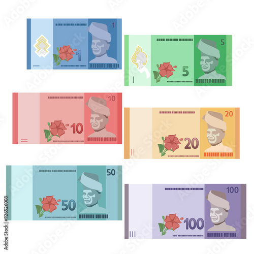 A set of collection of Malaysia currency, banknotes paper money cash Malaysia Ringgit MYR, RM1, RM5, RM10, RM20, RM50, RM100