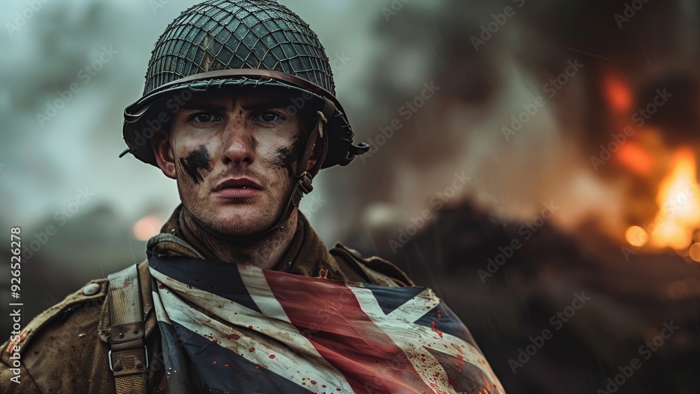 British World War II Hero in Authentic Uniform Proudly Standing with the British Flag Draped Around Him British World War II Hero in Authentic Uniform Proudly Standing with the British Flag Draped Around Him