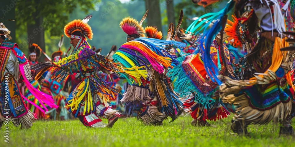 Traditional Native American powwow with dancers in colorful regalia ...