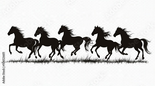 A collection of horse silhouettes depicting various running poses, isolated on a transparent background. Each silhouette captures the grace 