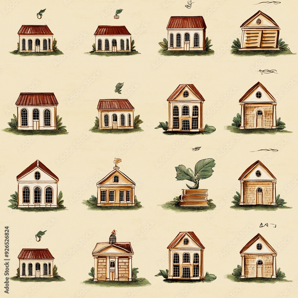 Seamless pattern Traditional Schoolhouses Pattern on Beige Background Seamless pattern Traditional Schoolhouses Pattern on Beige Background