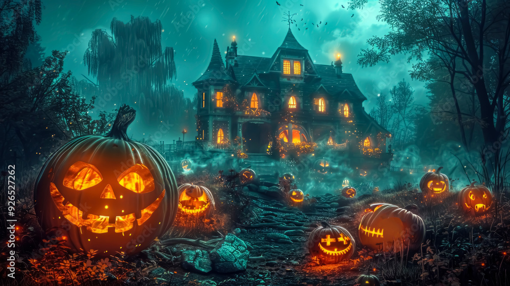 A spooky Halloween night at a haunted house. Eerie glowing jack-o-lanterns line the trail. An eerie fog descending from the ground. A full moon casts a ghostly light on the scene. A spooky Halloween night at a haunted house. Eerie glowing jack-o-lanterns line the trail. An eerie fog descending from the ground. A full moon casts a ghostly light on the scene.