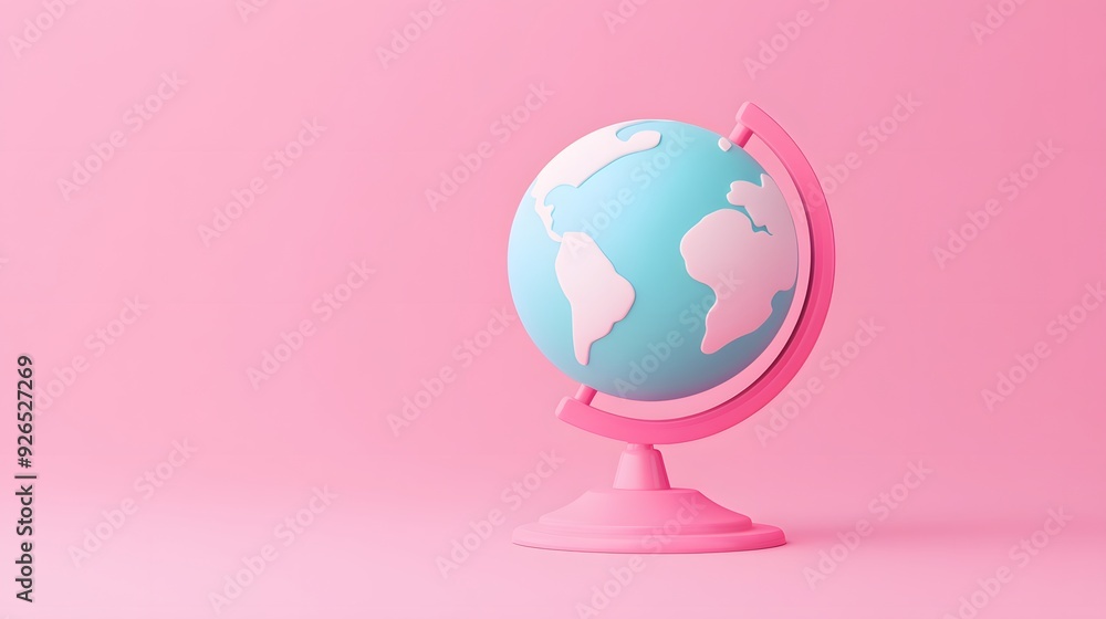 A pink globe on a pink background. The globe is tilted at an angle. A pink globe on a pink background. The globe is tilted at an angle.