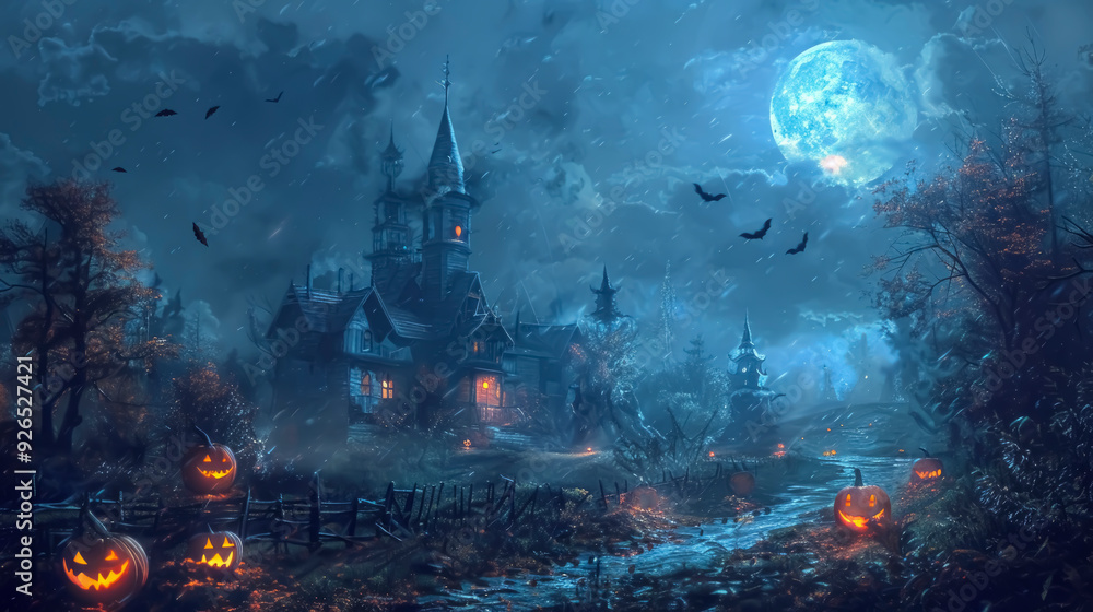 A spooky Halloween night at a haunted house. Eerie glowing jack-o-lanterns line the trail. An eerie fog descending from the ground. A full moon casts a ghostly light on the scene. A spooky Halloween night at a haunted house. Eerie glowing jack-o-lanterns line the trail. An eerie fog descending from the ground. A full moon casts a ghostly light on the scene.