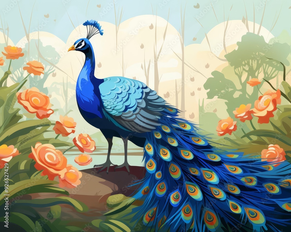 Fototapeta premium A peacock displaying its feathers proudly flat design top view tropical theme cartoon drawing vivid