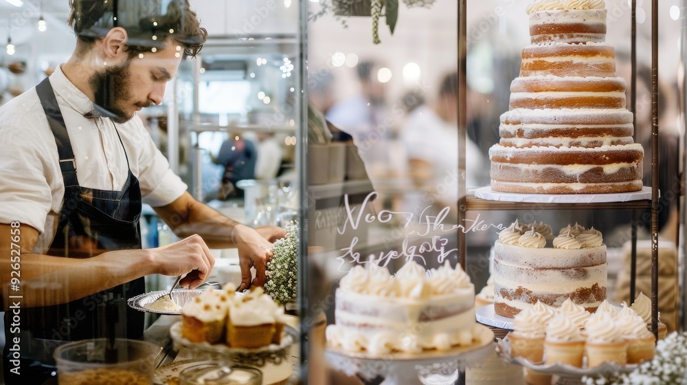 A baker decorates delicious cakes and cupcakes in a stylish bakery showcasing an array of sweet treats. A baker decorates delicious cakes and cupcakes in a stylish bakery showcasing an array of sweet treats.