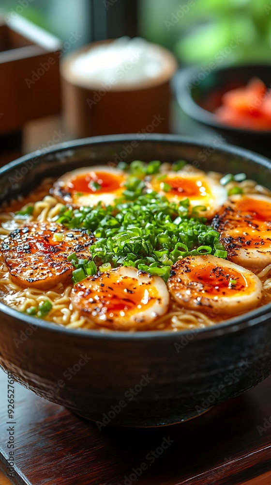 A bowl of ramen features garnished eggs, green onions, and rich broth, perfect for use in culinary websites, blogs, or restaurant menus for promoting authentic Asian cuisine, A bowl of ramen features garnished eggs, green onions, and rich broth, perfect for use in culinary websites, blogs, or restaurant menus for promoting authentic Asian cuisine,