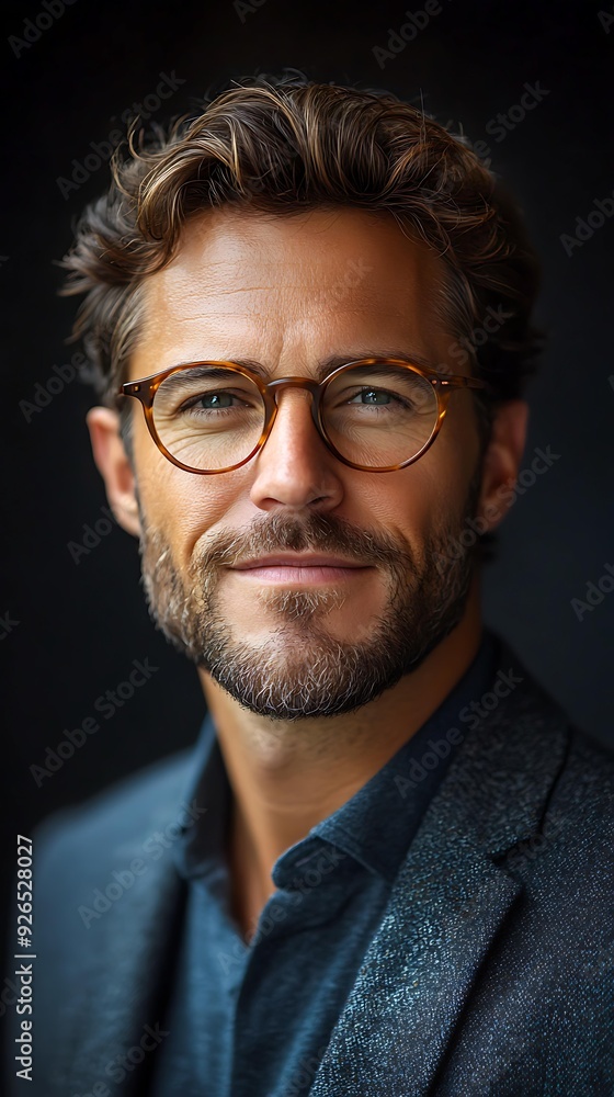 A confident, well-dressed man with glasses and a slight beard is looking directly at the camera, set against a dark background, Ideal for professional headshots, business, or personal branding, A confident, well-dressed man with glasses and a slight beard is looking directly at the camera, set against a dark background, Ideal for professional headshots, business, or personal branding,