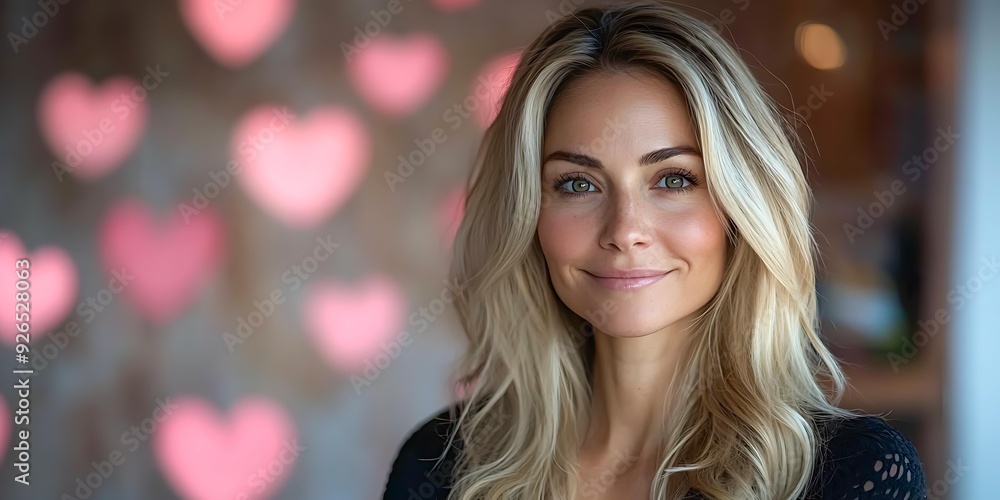 A smiling woman with blond hair is in focus with a background of soft pink heart shapes, conveying warmth and positivity, perfect for use in romance, Valentines, lifestyle A smiling woman with blond hair is in focus with a background of soft pink heart shapes, conveying warmth and positivity, perfect for use in romance, Valentines, lifestyle