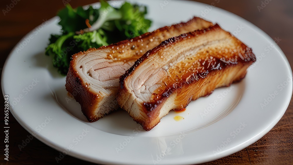 Roast Pork Belly served on a pristine white plate isolated on a white background Roast Pork Belly served on a pristine white plate isolated on a white background