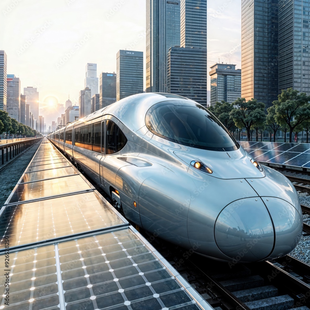 Solar Train. High-speed train with solar panels on platform, cityscape at sunset. Solar Train. High-speed train with solar panels on platform, cityscape at sunset.