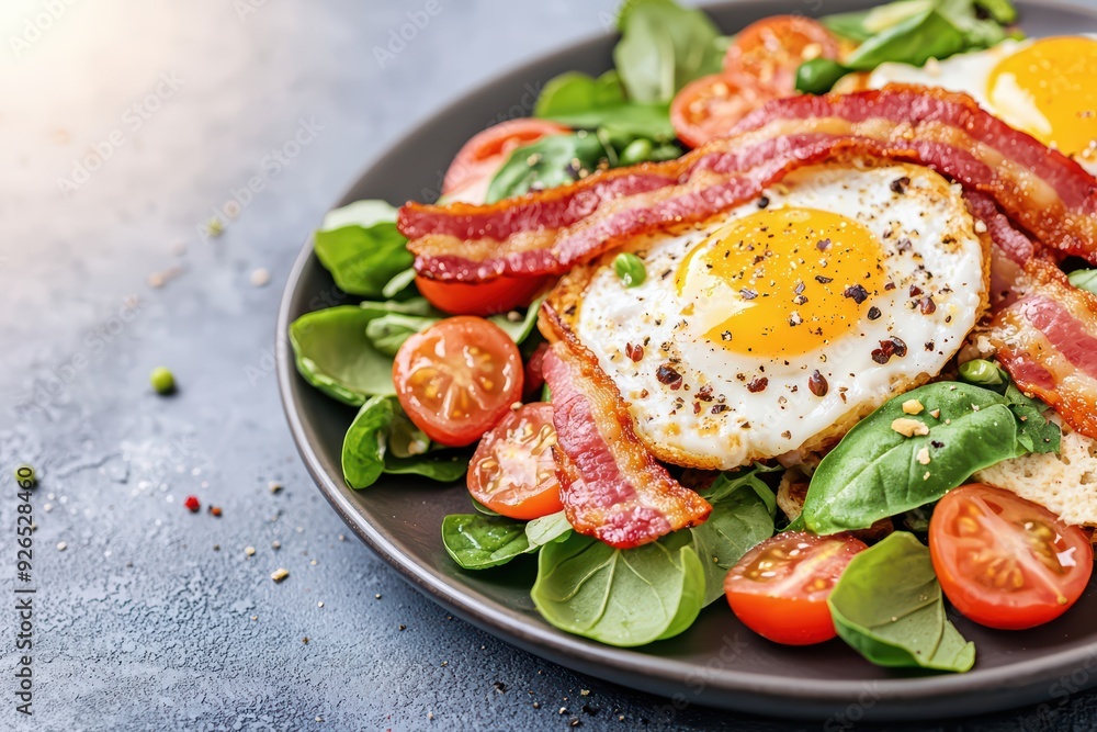 A delicious breakfast plate with crispy bacon, eggs, fresh tomatoes, and spinach, perfect for a healthy start to the day. A delicious breakfast plate with crispy bacon, eggs, fresh tomatoes, and spinach, perfect for a healthy start to the day.