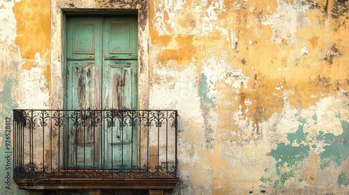 A weathered and faded building in San Juan, with peeling paint and an old-world charm, captured in soft light. photo