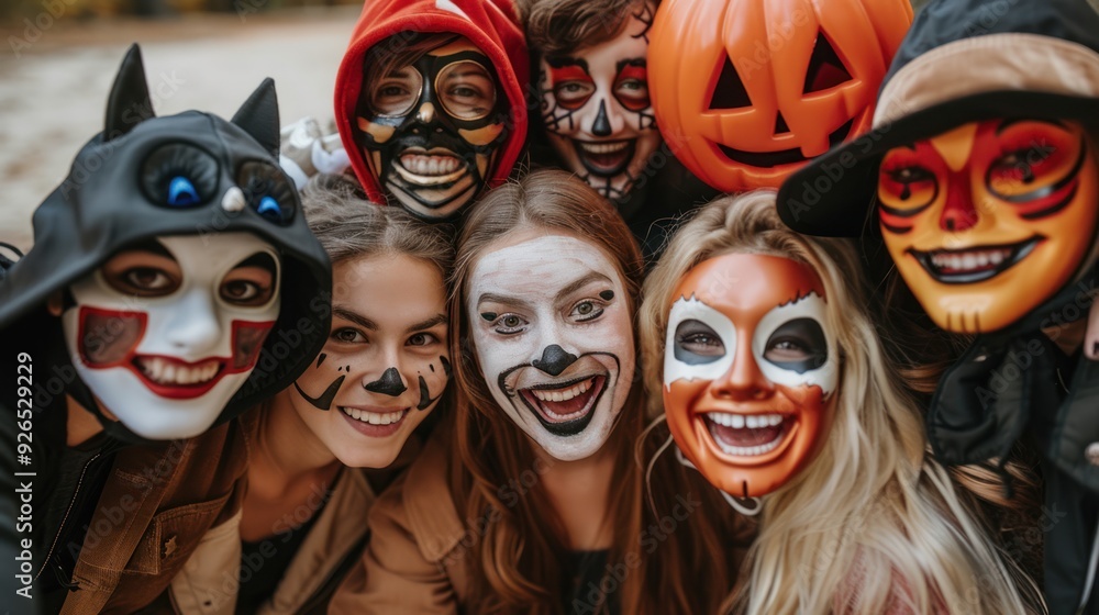 Fototapeta premium A group of friends wearing different Halloween masks, smiling together.