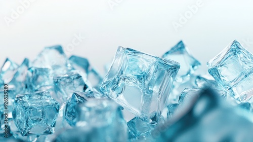 Abstract arrangement of translucent blue ice cubes forming a geometric pattern against a stark background.