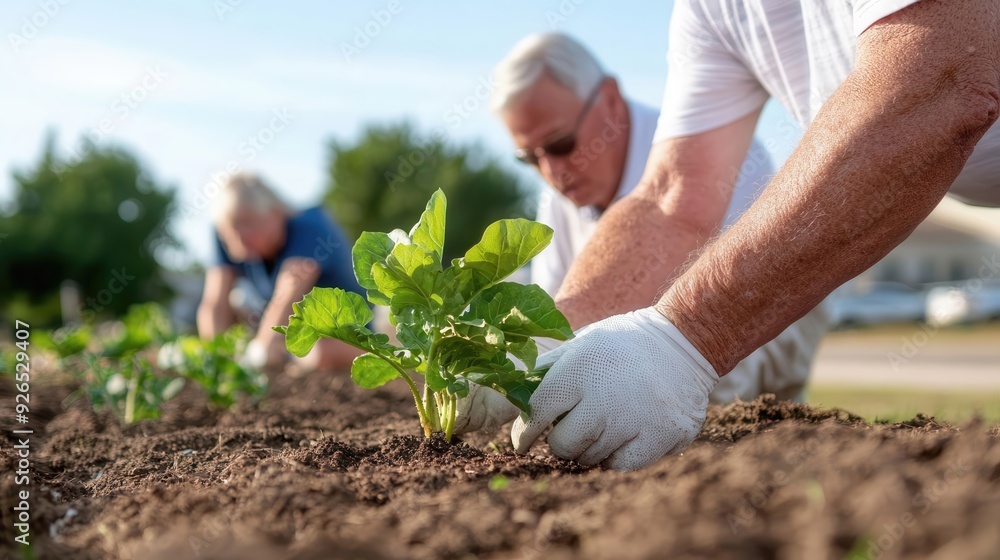 Fototapeta premium Elderly and young community members planting a Labor Day garden, Labor Day, intergenerational activity--s 250