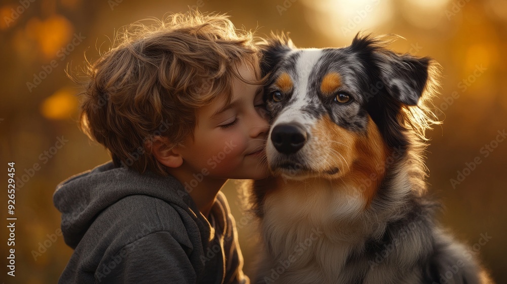 A young boy leans down to gently kiss his loyal dog, surrounded by warm autumn colors and the serenity of nature A young boy leans down to gently kiss his loyal dog, surrounded by warm autumn colors and the serenity of nature