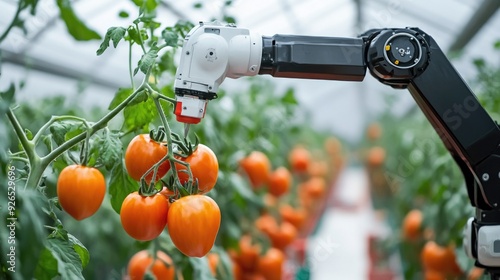 Advanced robotics streamline tomato harvesting, the arm's movements synchronized within the high-tech greenhouse ambiance. photo