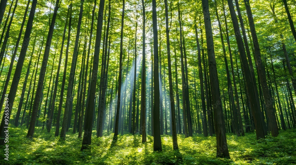 A serene forest scene with towering trees and sunlight streaming through the green canopy, creating a peaceful and natural atmosphere. A serene forest scene with towering trees and sunlight streaming through the green canopy, creating a peaceful and natural atmosphere.