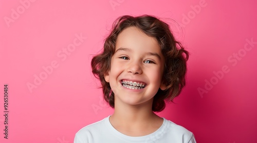 close-up portrait of a happy, smiling boy with braces, set against a pink background, showcasing dental orthodontic care, ideal for a stock photo contest or health advertising