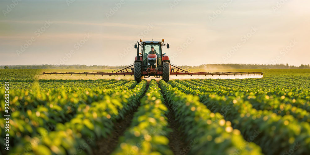 Tractor spraying pesticides on soybean field Tractor spraying pesticides on soybean field