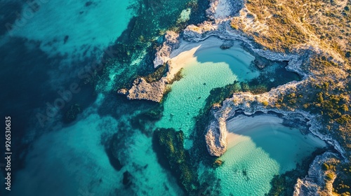 Aerial perspective of Shark Bay, Western Australia, with its striking coastline and clear, turquoise waters.