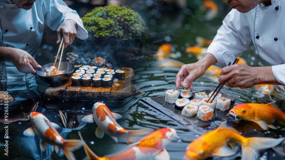 Fototapeta premium A chef expertly preparing sushi with vibrant koi fish swimming in a serene pond, showcasing culinary artistry and nature's beauty.