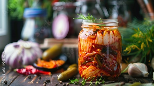 Vibrant jar of homemade fermented meat surrounded by fresh herbs and vegetables on a rustic wooden table. Perfect for concepts related to traditional cuisine, fermentation, and home cooking. photo