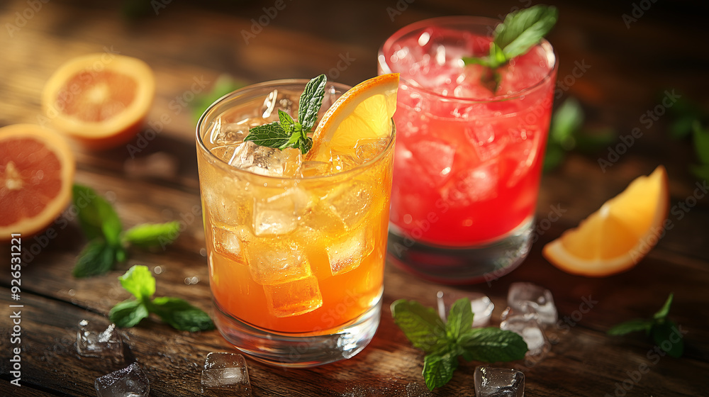 Two vibrant and colorful summer drinks with ice cubes, lime or lemon and mint leaves on top, on wooden table in the sunlight Two vibrant and colorful summer drinks with ice cubes, lime or lemon and mint leaves on top, on wooden table in the sunlight