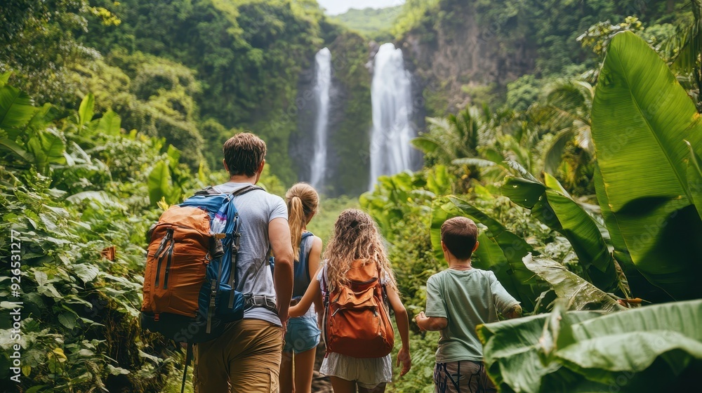 A family walks hand in hand through a vibrant forest toward a stunning waterfall surrounded by exotic plants A family walks hand in hand through a vibrant forest toward a stunning waterfall surrounded by exotic plants