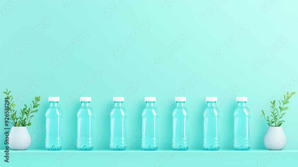 Seven clear plastic water bottles lined up between two small potted plants against a light blue background with copy space Seven clear plastic water bottles lined up between two small potted plants against a light blue background with copy space