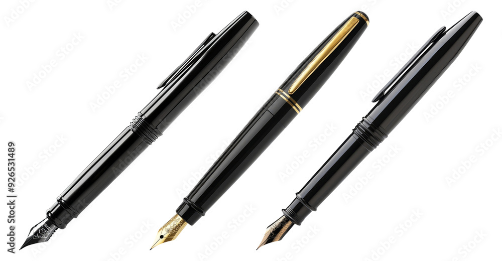 Set of three black and gold luxury fountain pens isolated on transparent background Set of three black and gold luxury fountain pens isolated on transparent background
