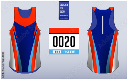 Running shirt design template, Tank top jersey mockup for athlete. Running singlet pattern. Uniform front view back view.