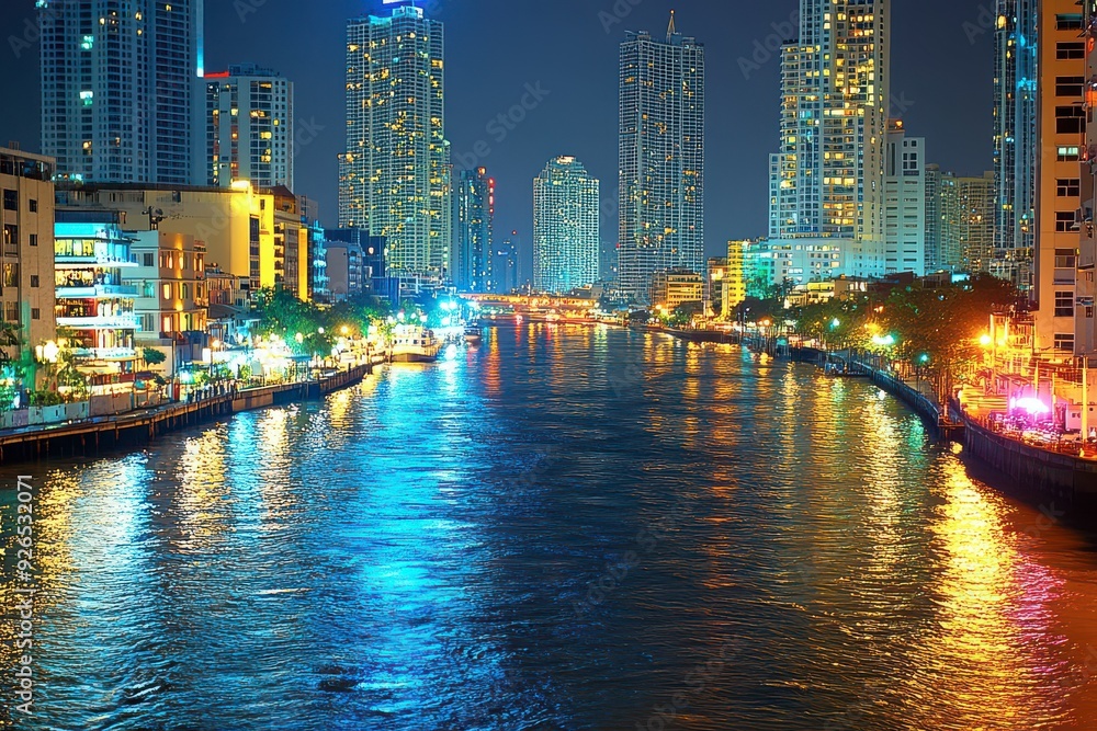 Obraz premium A vibrant city skyline at night, with skyscrapers illuminated by countless lights, reflecting on a nearby river or body of water. 