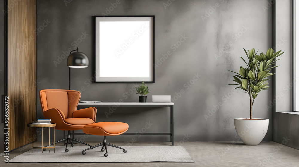 Modern workspace with a bright orange chair and ottoman, a minimalist desk, and greenery accents, set against a gray wall with a blank frame for artwork Modern workspace with a bright orange chair and ottoman, a minimalist desk, and greenery accents, set against a gray wall with a blank frame for artwork