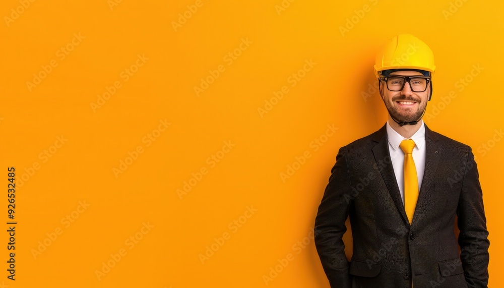 Construction safety focus with a businessman holding a helmet on an orange background. Construction safety focus with a businessman holding a helmet on an orange background.