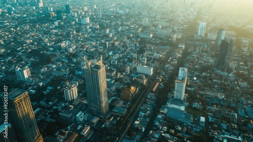 Aerial view of a bustling cityscape in Thailand, with a mix of modern skyscrapers and traditional buildings.