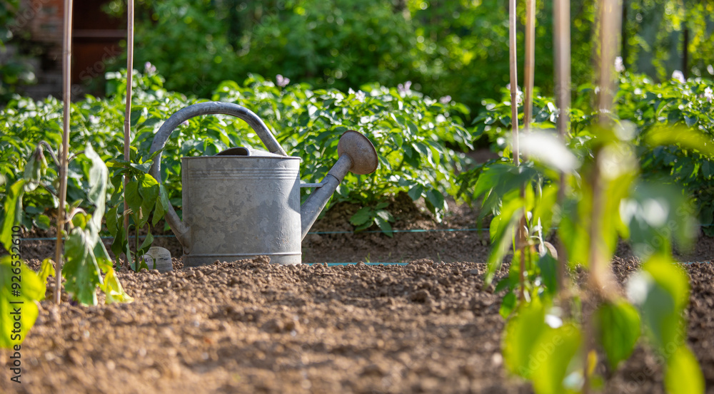 Φωτογραφία Arrosoir en métal dans un charmant petit jardin potager et ses légumes au printemps