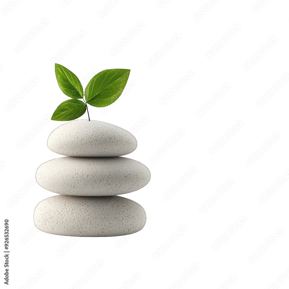 A tranquil stack of stones topped with fresh green leaves, symbolizing balance and harmony in nature. transparent background A tranquil stack of stones topped with fresh green leaves, symbolizing balance and harmony in nature. transparent background