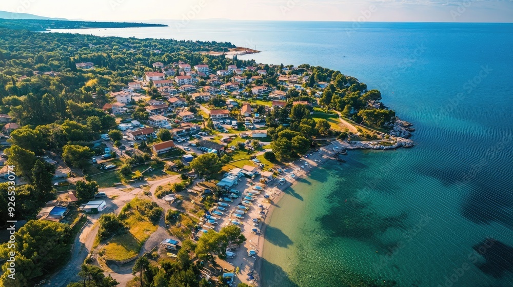 Fototapeta premium Aerial view of Camping Park Umag in Istria, featuring various camping facilities and natural surroundings.