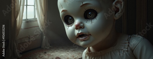 Creepy Doll with Cracked Face Staring Eerily in Dark Room photo