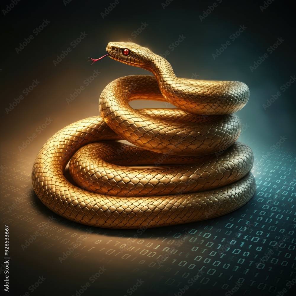 Obraz premium A golden snake intertwined with binary code, symbolizing Python programming and coding.